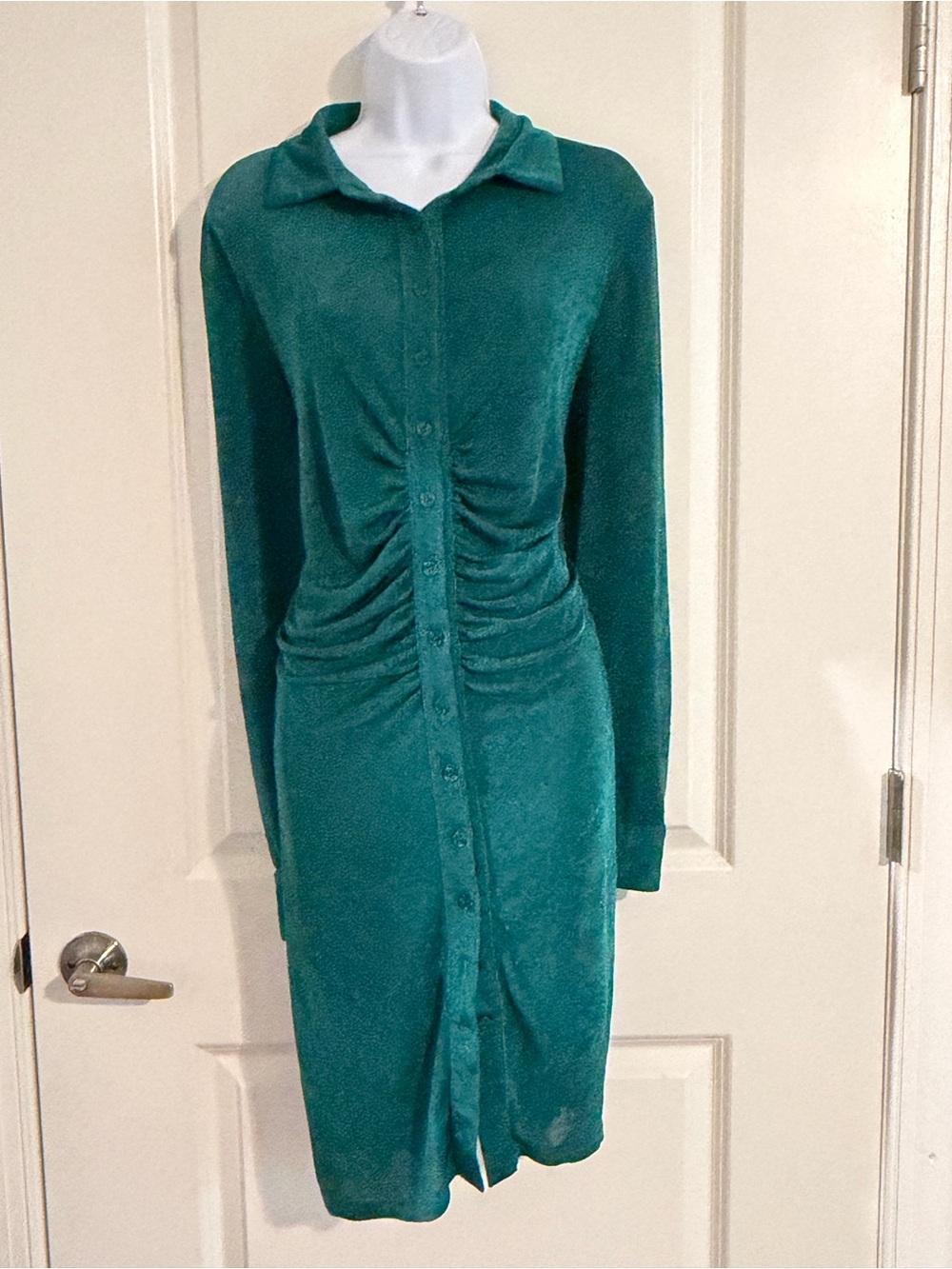Long-Sleeve Teal Button-Front Ruched Dress